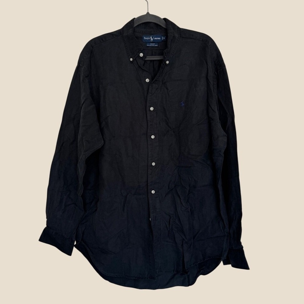 Ralph Lauren Shirt M Vintage Black Silk Linen Button Up Long Sleeve Blake Pony